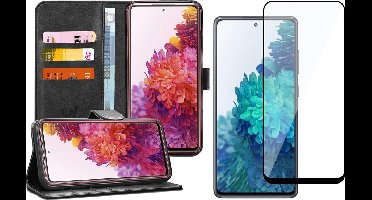 Hoesje geschikt voor Samsung Galaxy S20 FE - Screen Protector FullGuard - Book Case Kunstleer Pasjeshouder Zwart & Screenprotector