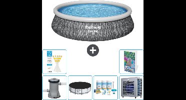 Bestway Rond Opblaasbaar Fast Set Zwembad - Rotanprint - 457 x 84 cm - Inclusief Pomp - Afdekzeil - Onderhoudspakket - Warmtepomp - 7-delig