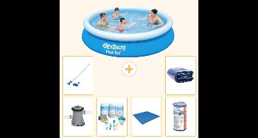 Bestway Rond Opblaasbaar Fast Set Zwembad - 366 x 76 cm - Blauw - Inclusief Pomp - Onderhoudspakket - Grondzeil - Filter - Stofzuiger - Solarzeil - 7-delig