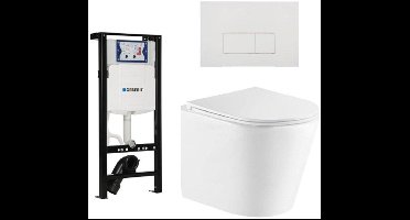 QeramiQ Dely Toiletset - 36.3x51.7cm - diepspoel - rimless - Inbouwreservoir met Geberit UP320 spoelmechanisme - softclose toiletzitting - mat witte bedieningsplaat - rechtehoekige knoppen - wit mat