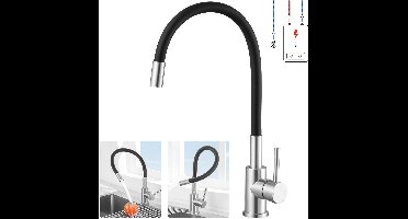 SOFETIY MAX Lagedruk Keukenkraan - Flexibele Keukenkraan - 360° Roterende Keukenmengkraan - Mengkraan - Flexibele Slang - Zwart+Chroom