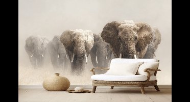 Peel & stick Fotobehang - Majestic Elephant Parade in Dust - 250x50 centimeter