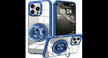 Magsafe Hoesje Geschikt voor iPhone 16 Pro Max hoesje Blauw Transparant - Met kickstand Draaibare Ring Houder