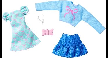Barbie 2-Pack Kleding Outfit en Accessoires - Mooie Jurk, Spijkerrok en Blauwe trui