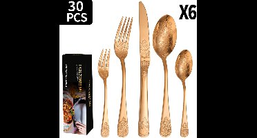 Roségouden bestekset 30-delig, roestvrijstalen bestekset voor 6 personen, bestekset met mes, vork en lepel, bestekset voor thuis, restaurant en feest