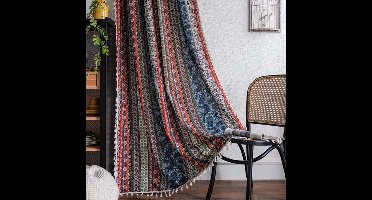 Boho semi-verduisterende gordijnen, kleurrijke strepen met kwastjes als decoratief raamdecoratie, 2-delige gordijnen met roedezakken voor woonkamer en toilet