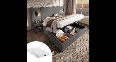 Tweepersoonsbed 160x200 - Grijs Linnen - 720 Veren Matras H3 - Hydraulische Opbergruimte - Leeslampjes USB-C-poorten - Ultrastabiele Constructie - Omkeerbaar Hypoallergeen