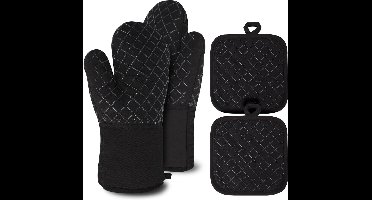 YOZHIQU Ovenwanten - Set van 4 - Hittebestendig - Antislip - Hittebestendig tot 250 °C - Zwart - 30 cm