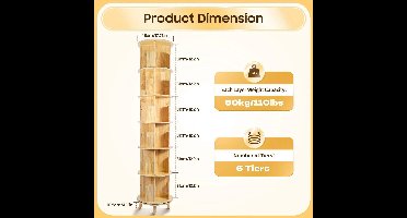 Boekenrek – Boekenkast – Wandrek – Boekenplank – Opbergkast – 6 Laags – 360° Draaibaar – Dennenhout
