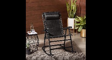 Opvouwbare Schommelstoel Novihome – Luxe Patio & Veranda Relaxstoel met Ergonomische Mesh Zitting, Gewatteerde Hoofdsteun & Duurzaam Stalen Frame – Lichtgewicht & Reisvriendelijk – Zwart