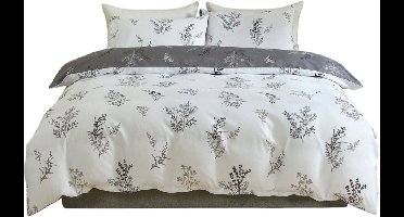 3-Delige Beddengoedset — Grijs-Wit Botanisch Bloemenpatroon - 200x200cm