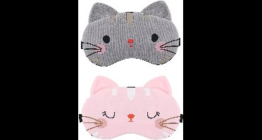 Nordivar - Zacht slaapmasker voor kinderen en dames - 2 stuks - Verstelbare bandjes - Kat design - Ideaal voor dutjes, reizen en vliegtuig - Roze en grijs