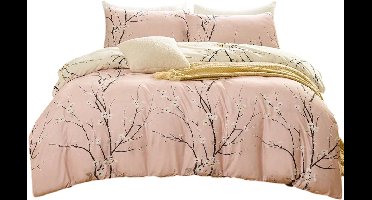 3-Delige Dekbedovertrekset (1+2): Omkeerbaar Bloesempatroon in Roze & Beige - 135x200cm