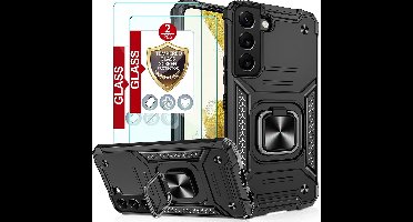 Hoesje Geschikt Voor Samsung Galaxy S22 Hoesje Heavy Duty Armor Hoesje Zwart - Galaxy S22 hoesje Kickstand Ring cover met Magnetisch Auto Mount - Hoesje Geschikt Voor Samsung Galaxy S22 screenprotector 2 pack