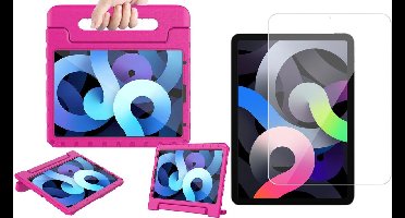 Hoes geschikt voor iPad Air 2022 / 2020 10.9 inch - Screen Protector GlassGuard - Kinder Back Cover Kids Case Hoesje Roze & Screenprotector