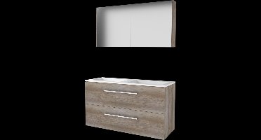 Basic Comfort 46 badmeubelset met spiegelkast, onderkast met 2 lades, grepen en acryl wastafel met 2 kraangaten 120 x 46 cm, scotch oak