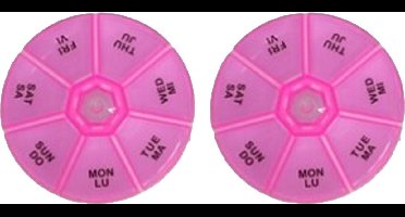 Gerimport Medicijnen doosje/pillendoosje - 2x - 7-vaks - roze - geschikt voor 7 dagen