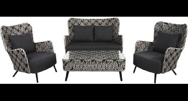 Loungeset Toulouse - 100% all weather kussens - 4-delig -zwart-wit-wicker