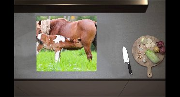 Inductieplaat Beschermer - Bruin met Wit Gevlekt Veulentje Drinkend bij Moeder in het Grasveld - 60x55 cm - 2 mm Dik - Inductie Beschermer - Bescherming Inductiekookplaat - Kookplaat Beschermer van Zwart Vinyl
