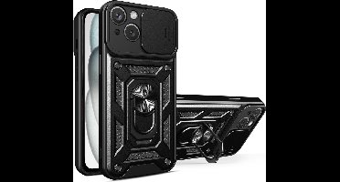 Hoesje geschikt voor iPhone 15 Plus met Ringhouder en Camera schuifje – Zwart