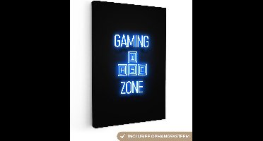Canvas schilderij 20x30 cm - Wanddecoratie Gaming - Tekst - Gaming zone - Neon - Blauw - Muurdecoratie game room - Gaming kamer decoratie - Gameroom accessoires - Schilderijen