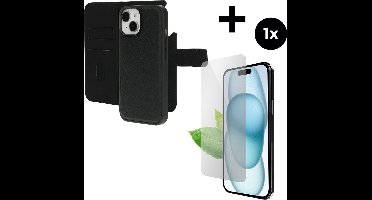 Mobiparts Leather 2 in 1 Wallet Case hoesje geschikt voor Apple iPhone 15 met 1 Screenprotector van Gerecycled Gehard Glas - Zwart