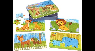 Puzzels in Opbergblik - 4in1 Safari - legpuzzel - houten puzzel - houten speelgoed