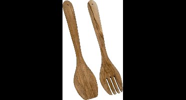 Metaltex - Saladebestek Olijfhout - Houten Serveerset 2 Delig - Opscheplepel en Vork - 30 cm met Ophangoog