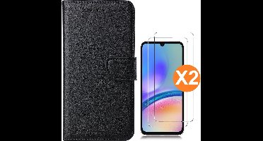 Hoesje geschikt voor Samsung Galaxy A05s bookcase Zwart - Met screenprotector tempered glass Galaxy A05s - 2x