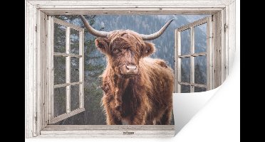 Muurstickers - Sticker Folie - Schotse hooglander - Doorkijk - Berg - 30x20 cm - Plakfolie - Muurstickers Kinderkamer - Zelfklevend Behang - Zelfklevend behangpapier - Stickerfolie