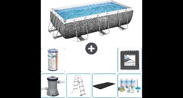 Bestway Rechthoekig Power Steel Zwembad - Rattanprint - 404 x 201 x 100 - Inclusief Pomp - Ladder Afdekzeil - Onderhoudspakket - Filter - Vloertegels