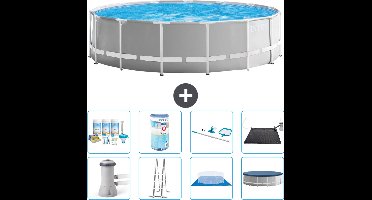 Intex Rond Prism Frame Zwembad - 457 x 122 cm - Grijs - Inclusief Pomp - Ladder - Grondzeil - Afdekzeil Onderhoudspakket - Filter - Schoonmaakset - Solar Mat