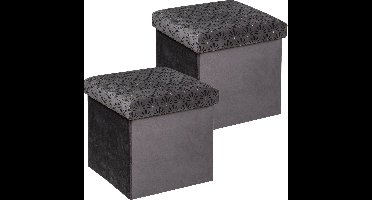 Atmosphera Poef/krukje/hocker Royal - 2x - Opvouwbare zit opslag box - fluweel Donkergrijs - D38 x H38 cm - MDF/polyester