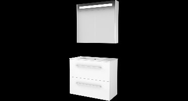 Basic Premium 39 badmeubelset met spiegelkast met geïntegreerde LED verlichting, wastafelonderkast met grepen, 2 lades en porseleinen wastafel met 1