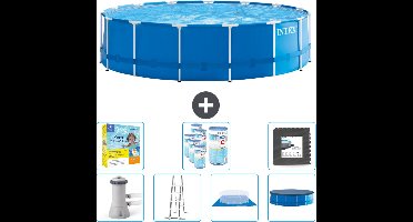 Intex Rond Frame Zwembad - 457 x 122 cm - Blauw - Inclusief Pomp - Ladder - Grondzeil - Afdekzeil Onderhoudspakket - Filters - Vloertegels