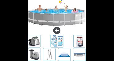 Intex Rond Prism Frame Zwembad - 610 x 132 cm - Grijs - Inclusief Pomp - Ladder - Grondzeil - Afdekzeil Zoutwatersysteem - Filters - Zwembadzout