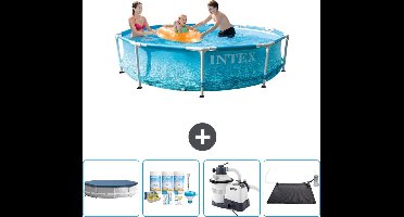 Intex Rond Frame Zwembad - 305 x 76 cm - Waterprint - Inclusief Afdekzeil - Onderhoudspakket - Zwembadfilterpomp - Solar Mat