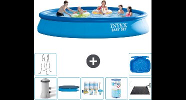 Intex Rond Opblaasbaar Easy Set Zwembad - 457 x 84 cm - Blauw - Inclusief Pomp Afdekzeil - Onderhoudspakket - Filter - Solar Mat - Ladder - Voetenbad