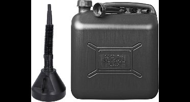 Jerrycan zwart voor olie en brandstof van 20 liter met een handige grote trechter van 39 cm