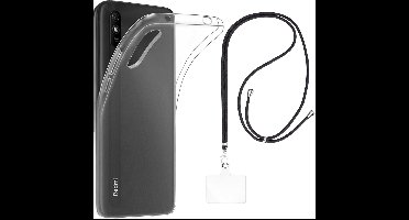 Set met hoesje en nekband voor xiaomi redmi 9a - Flexibele, transparante TPU-bescherming, verstelbare universele nekband voor mobiele telefoons, zwarte nekband, transparante draagriem van Phonillico®