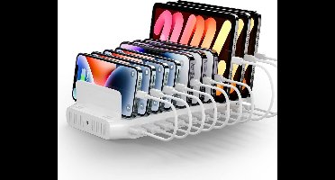 60W 10 Poort USB Opladestation voor Meerdere Apparaten, Multi-USB Oplaadstation met 5V/2.4A Output voor Telefoon, Tablet en Meer, Wit