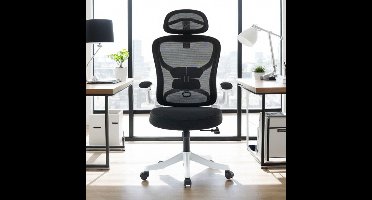 Bureaustoel – Bureaustoelen – Office Chair – Gamestoel – Draaistoel – Ergonomische Verstelbare Lendensteun – Memory Foam Zitting & Hoofdsteun – 360° Draaibaar – 90° Opklapbare Armleuningen – Wit/Zwart