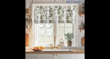 Linnen Vitrage - Groen op Beige - 40x125 cm - Korte Keukengordijnen