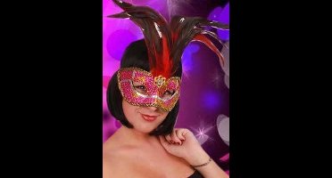 Oogmasker Venetiaans rood met goud en veren