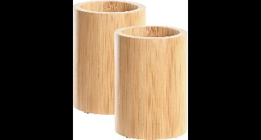 Items Badkamer tandenborstel houder/beker - 2x - bamboe hout - 8 x 11 cm