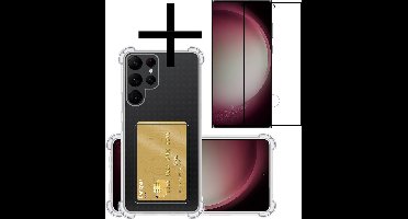Hoesje - Geschikt voor Samsung Galaxy S23 Ultra - Met Screenprotector - En Pashouder - En Kaarthouder - Telefoon Hoes Shockproof - Siliconen Case - Back Cover - Shock Proof - Pasjes Houder - Transparant