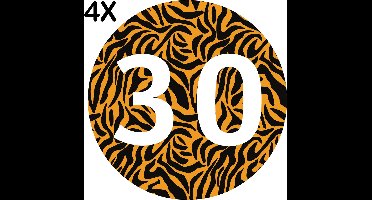 Containerstickers Huisnummer "54" - 25x25cm - Tijger Print Cirkel met Wit Nummer- Set van 4 dezelfde Vinyl Stickers - Klikostickers