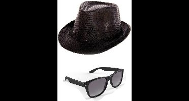Folat Verkleedkleding set - Glitter hoed/party bril zwart volwassenen