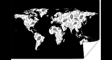 Poster Wereldkaart - Bladeren - Zwart - Wit - 30x20 cm