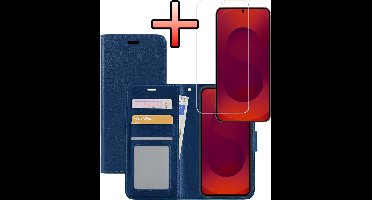 Hoesje - Met Screenprotector - Geschikt voor Samsung Galaxy S25 - Luxe Pasjeshouder - Bookcase Portemonee - Flip Case - Kunstleer Book Case - Flipcase - Book Cover - Walletcase - Portemonneehoes - Donkerblauw
